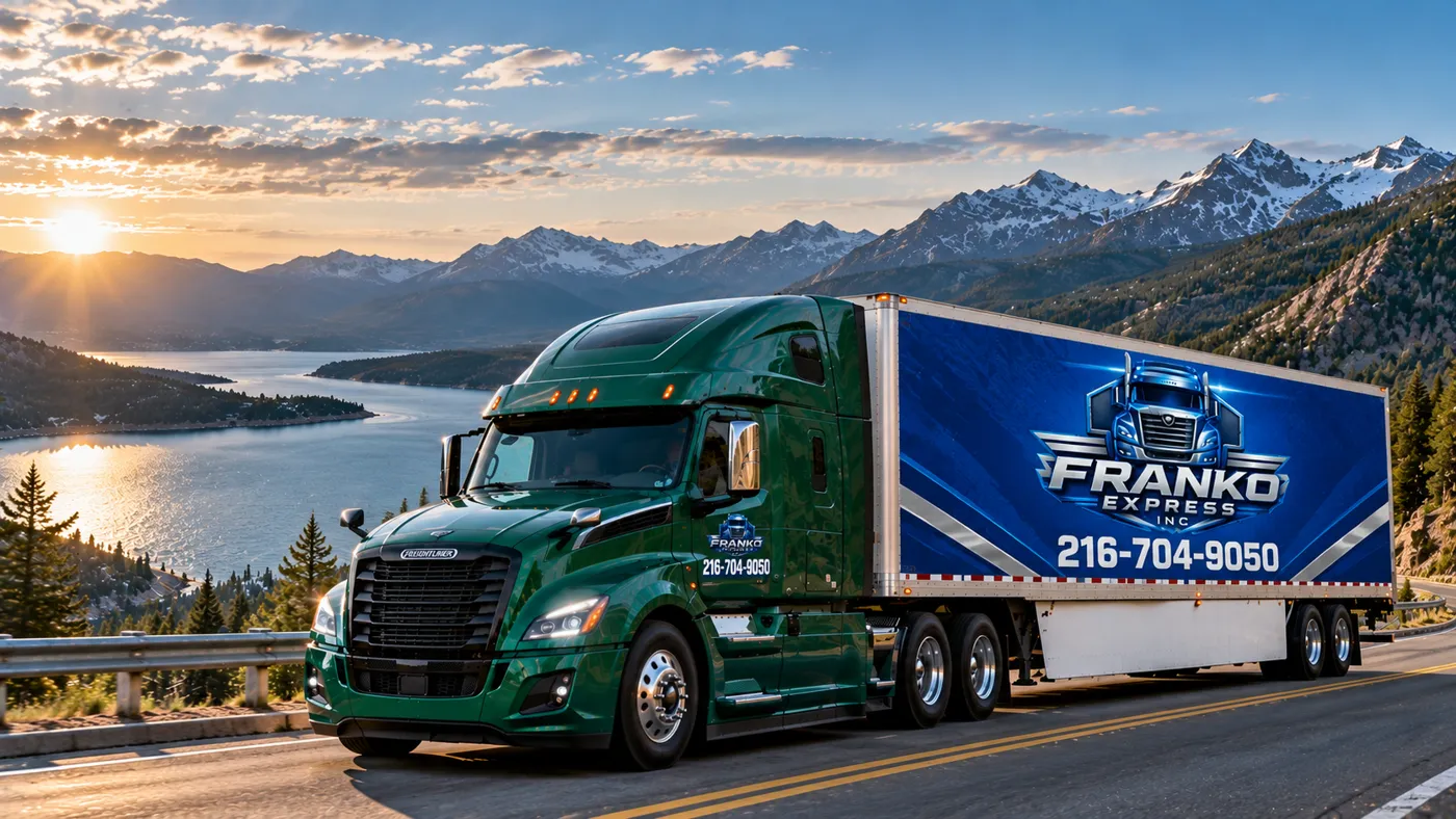 Franko Express truck on a mountain highway at sunrise