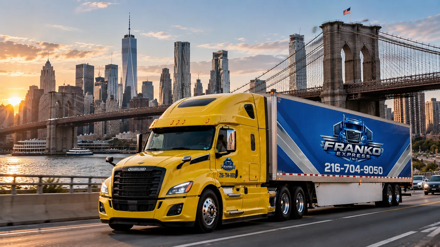 Yellow Freightliner pulling a Franko Express trailer past the Brooklyn Bridge